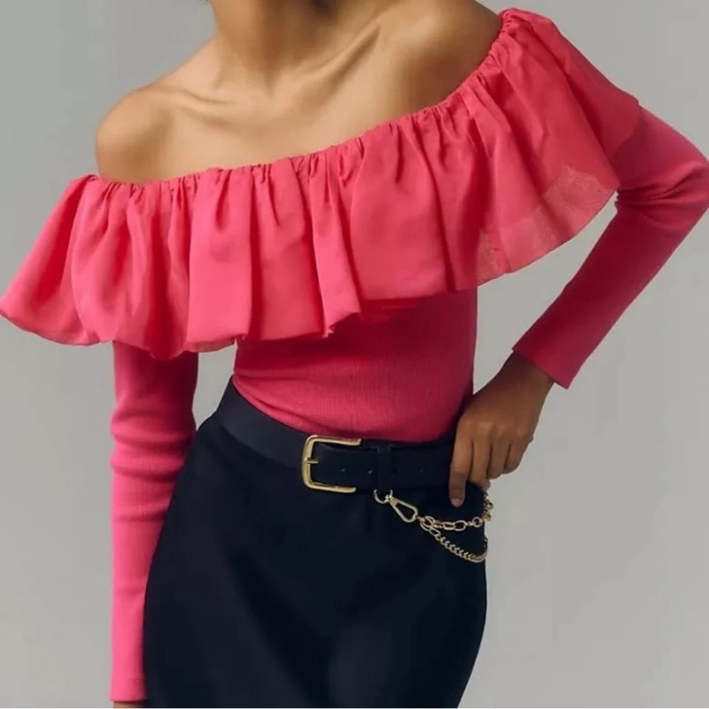 NWT Anthropologie Off The Shoulder Organza Pink Ruffle Top.